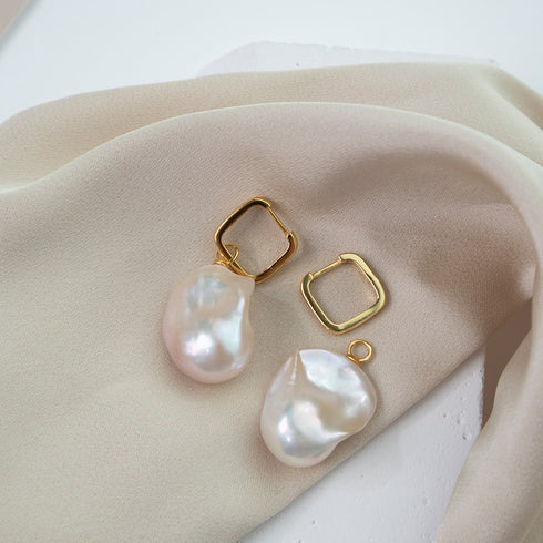 Baroque Pearl Drop Gold Square Hoop Earrings